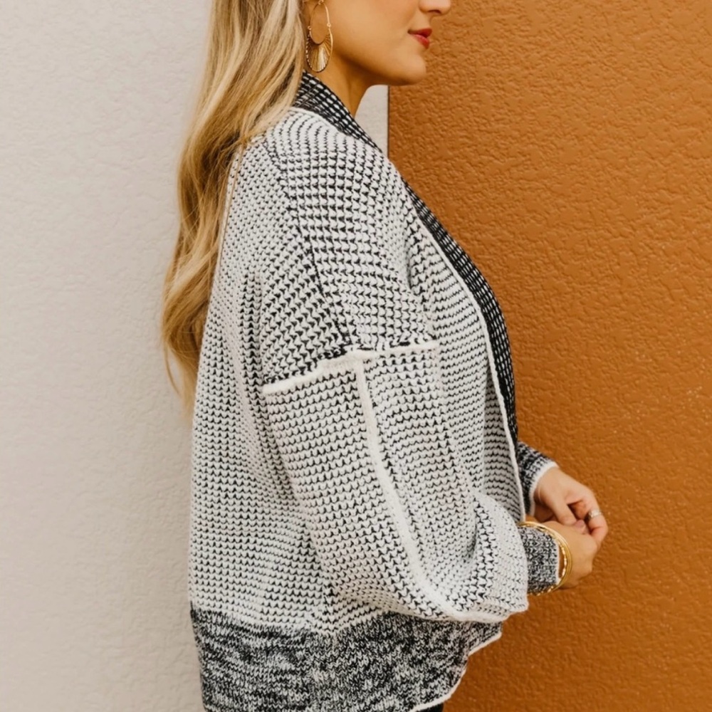 Black and White Women's Waffle Knit Cardigan - Picture 3 of 6